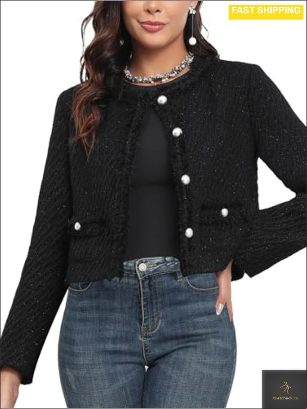 Tweed Cropped Blazer Jacket Collarless Button Pockets Women Business Casual